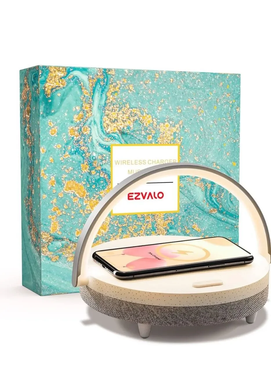 EZVALO Music Table Lamp with Wireless Charger, 4 in 1 Touch Bedside Lamp, Portab